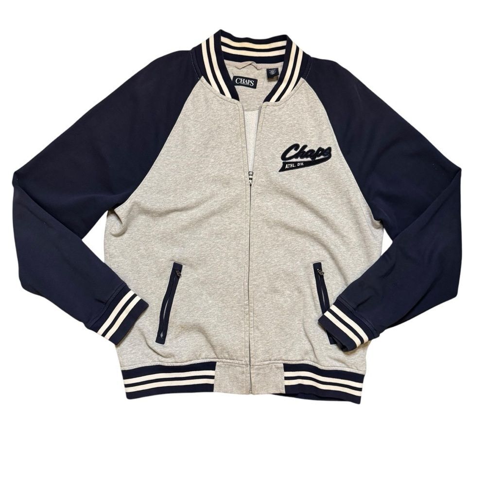 Baseball Varsity Bomber Fleece Zip Up Jacket Size XL Chaps Men's Grey Blue